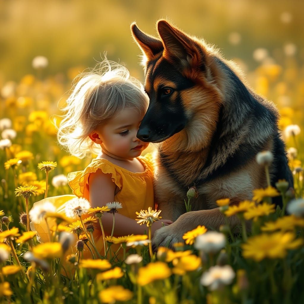 Dog Watches Girl in Dandelion Field