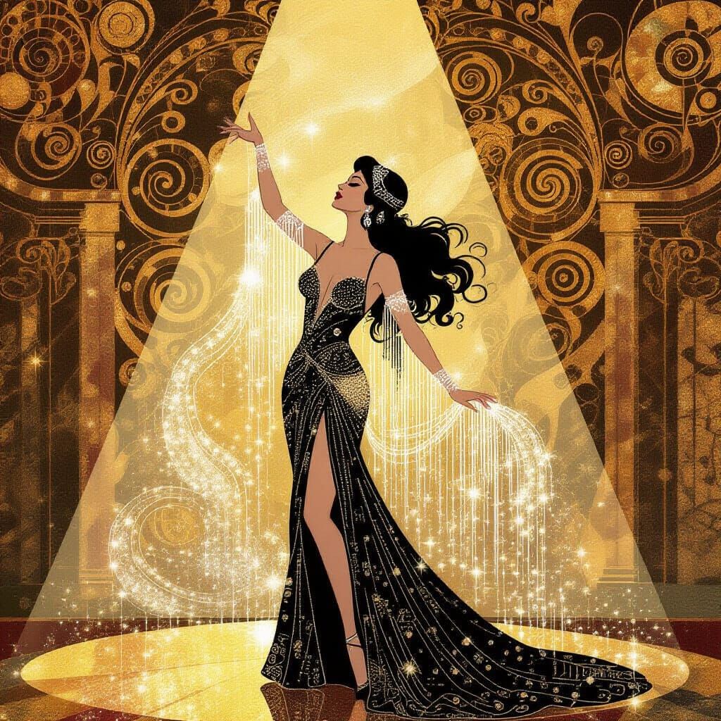 Showgirl Portrait in Klimt-Inspired Golden Dream