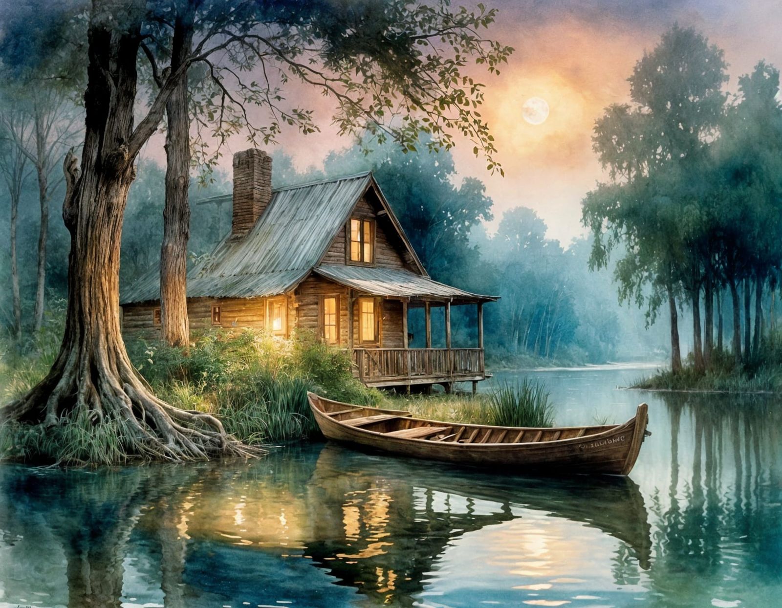 Mystical Bayou Scene with Rowboat in Watercolor Style