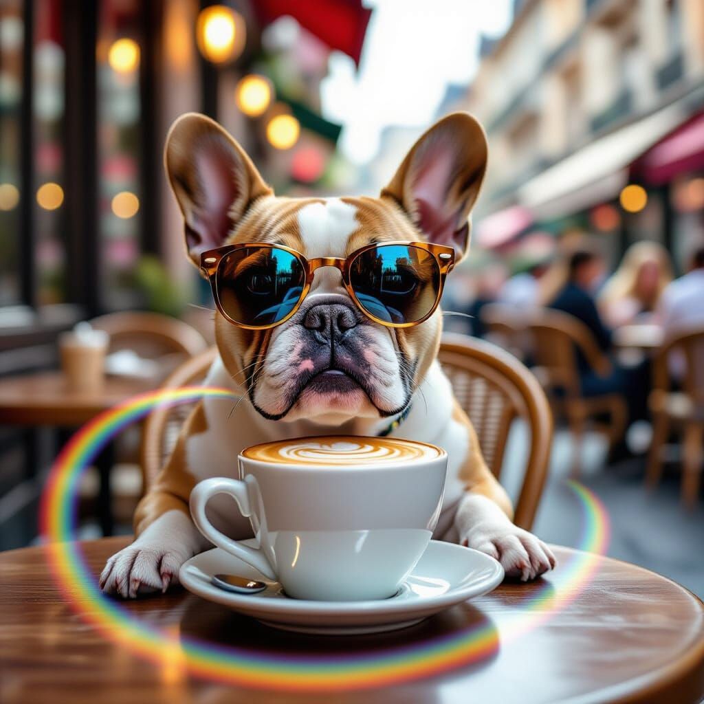French Bulldog Enjoys Cappuccino at Vibrant Cafe