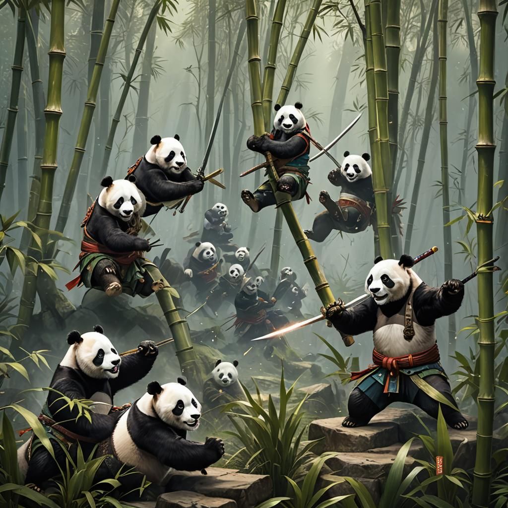Pandas Sword Fighting with Bamboo in Detailed Matte Painting