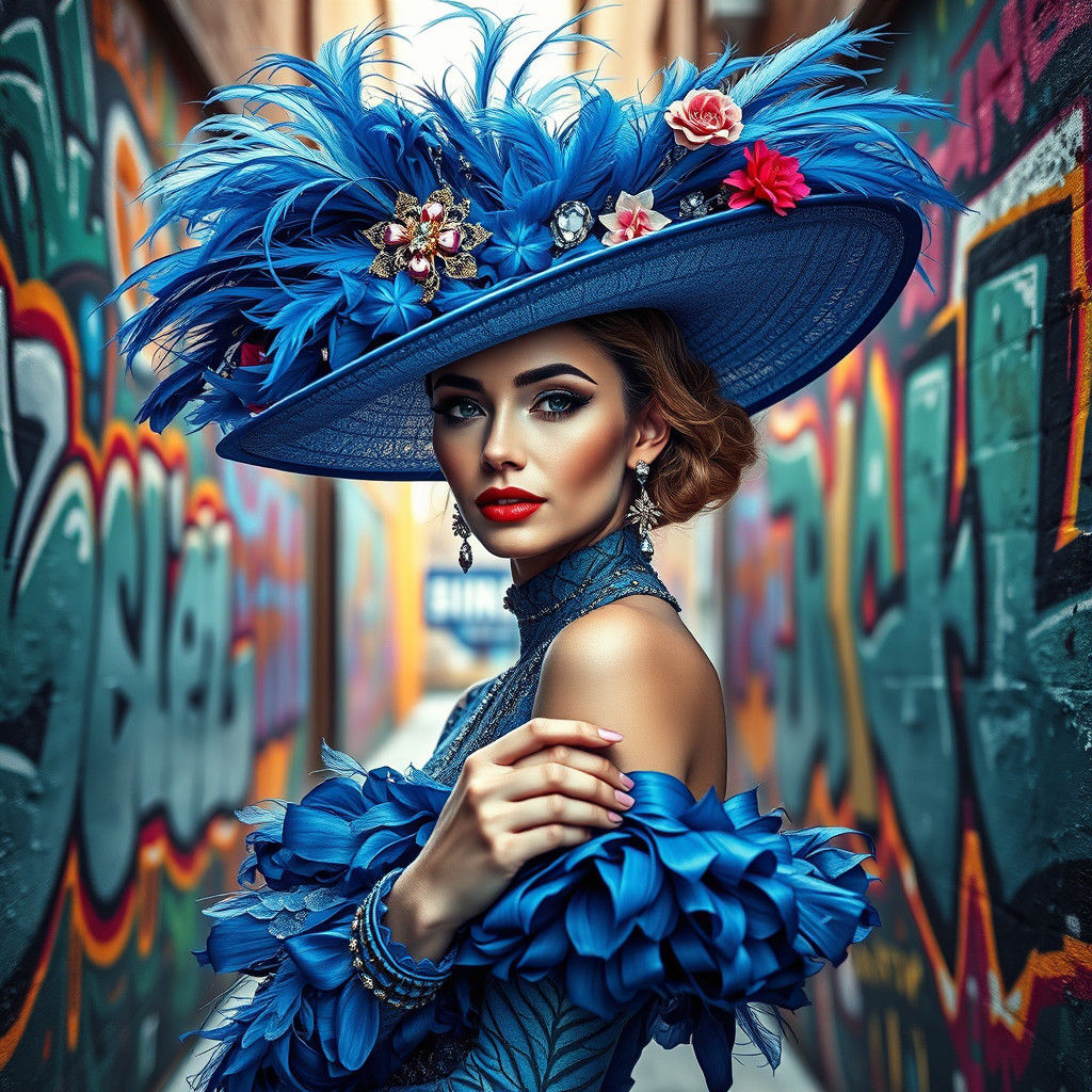 Majestic Lady in Blue Hat, Graffiti Alley Backdrop