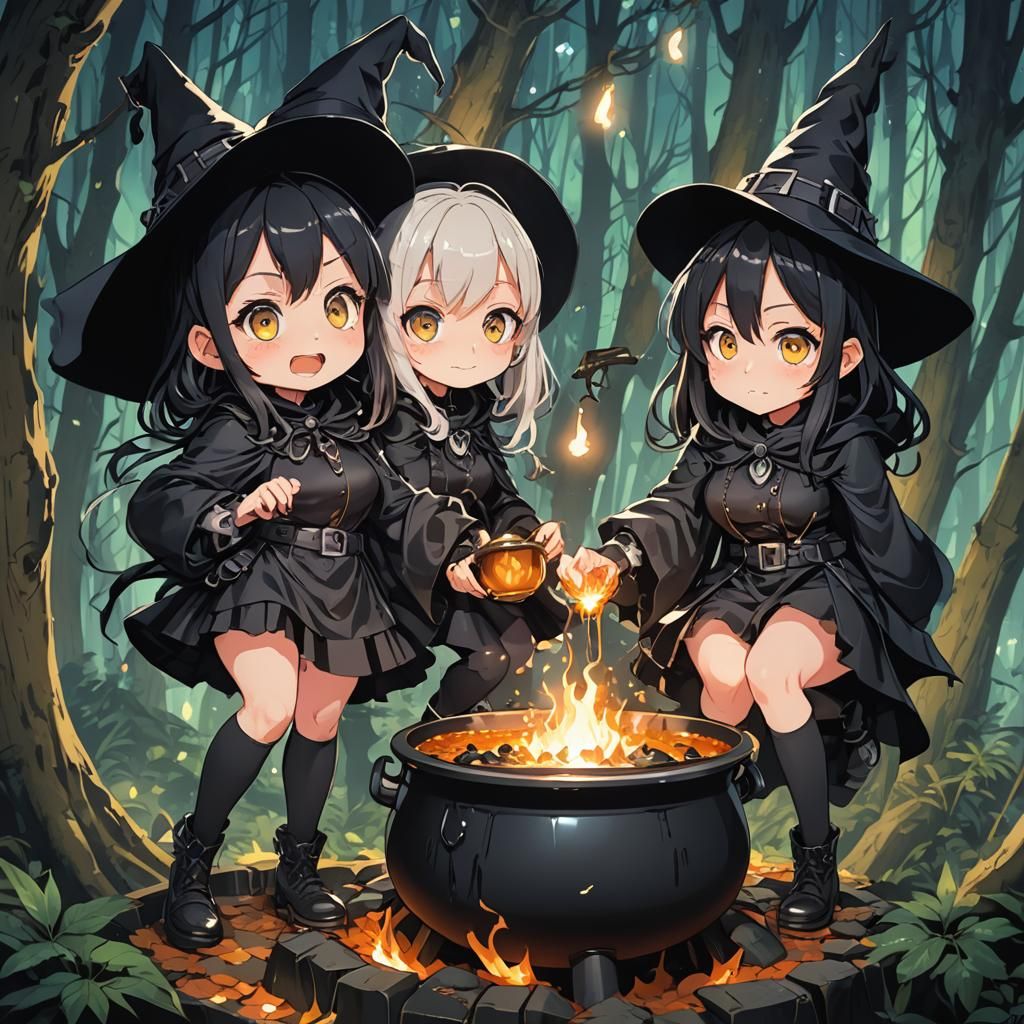 Anime Witches Brewing Potion in Forest Night