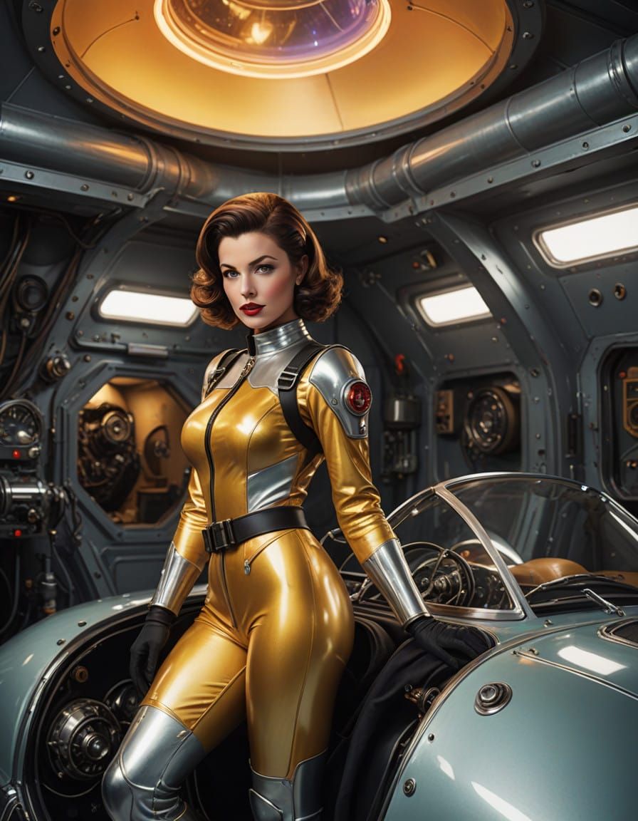 Retro Sci-Fi Space Siren in Vintage Rocket Car