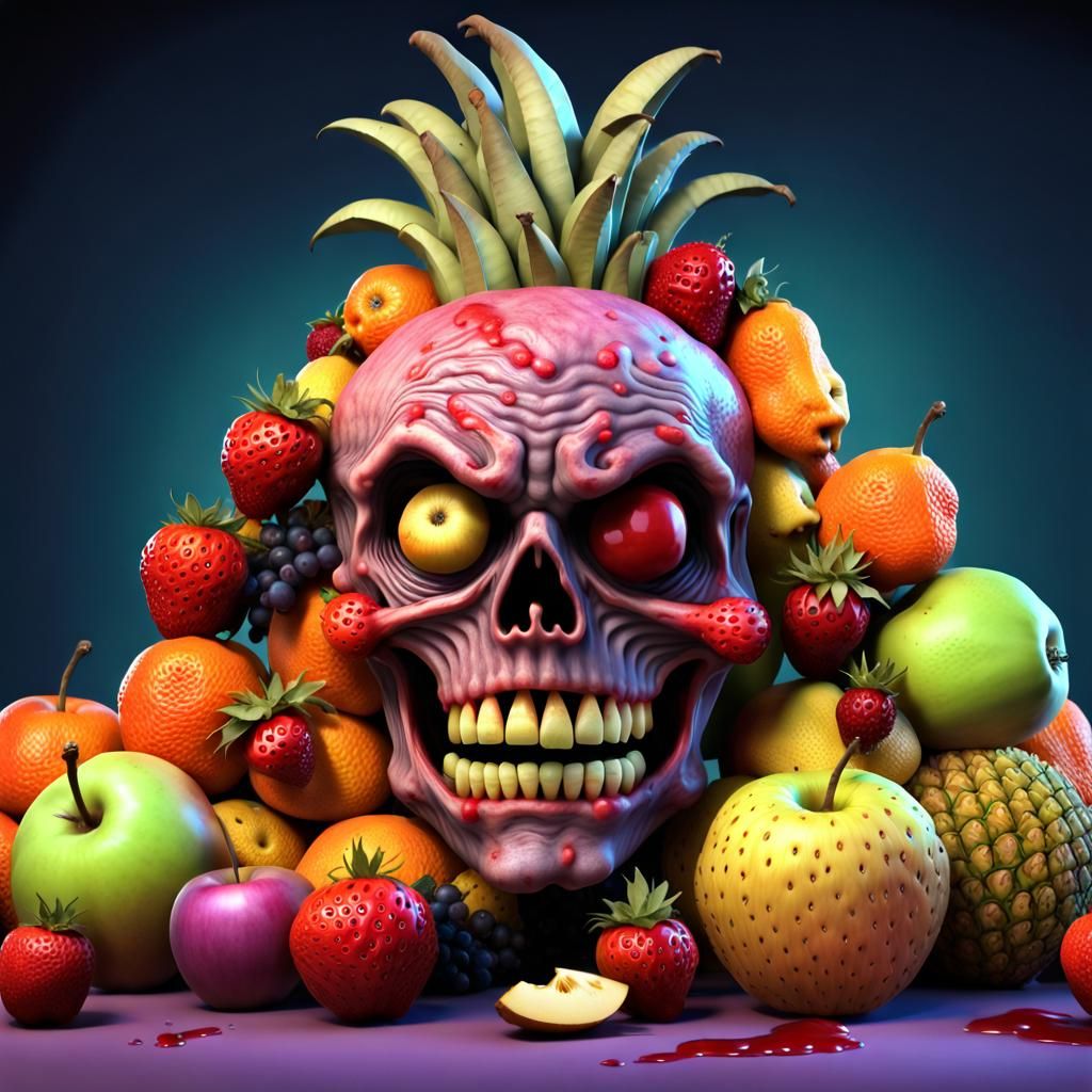 a zombie totally made of fruits!