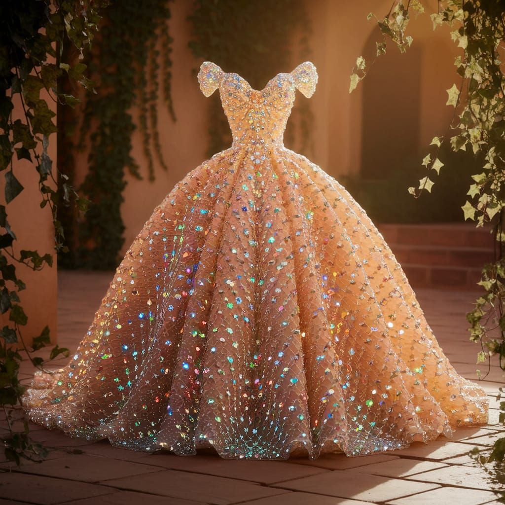 Glass Bead Ballgown Sparkles in Sunlit Tuscan Courtyard