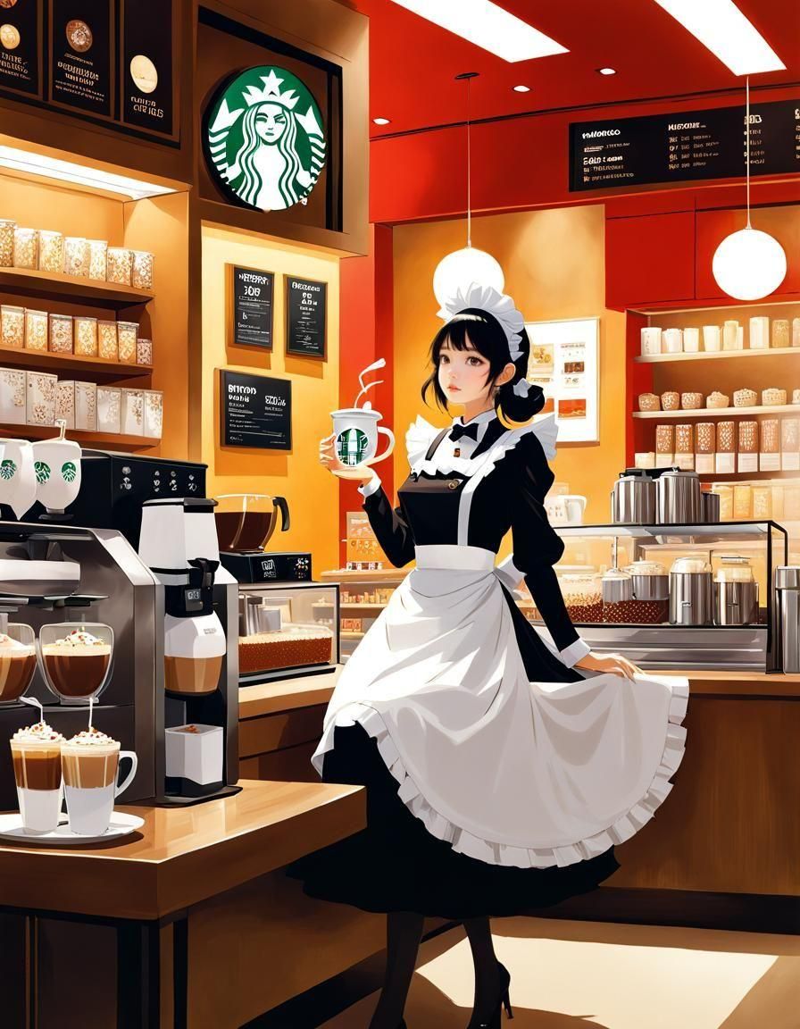 Maid with Giant Coffee: Anime Digital Illustration