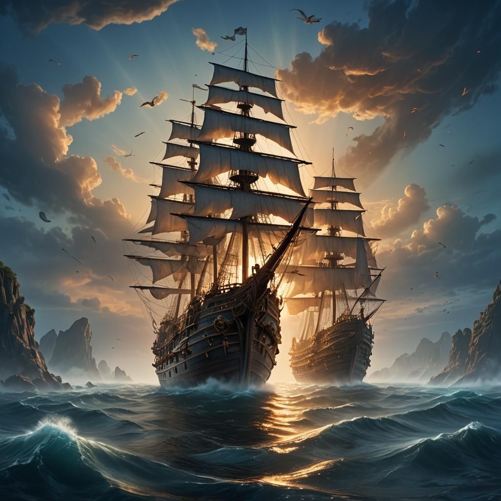 Majestic Ghost Ship Sunset: Digital Matte Painting