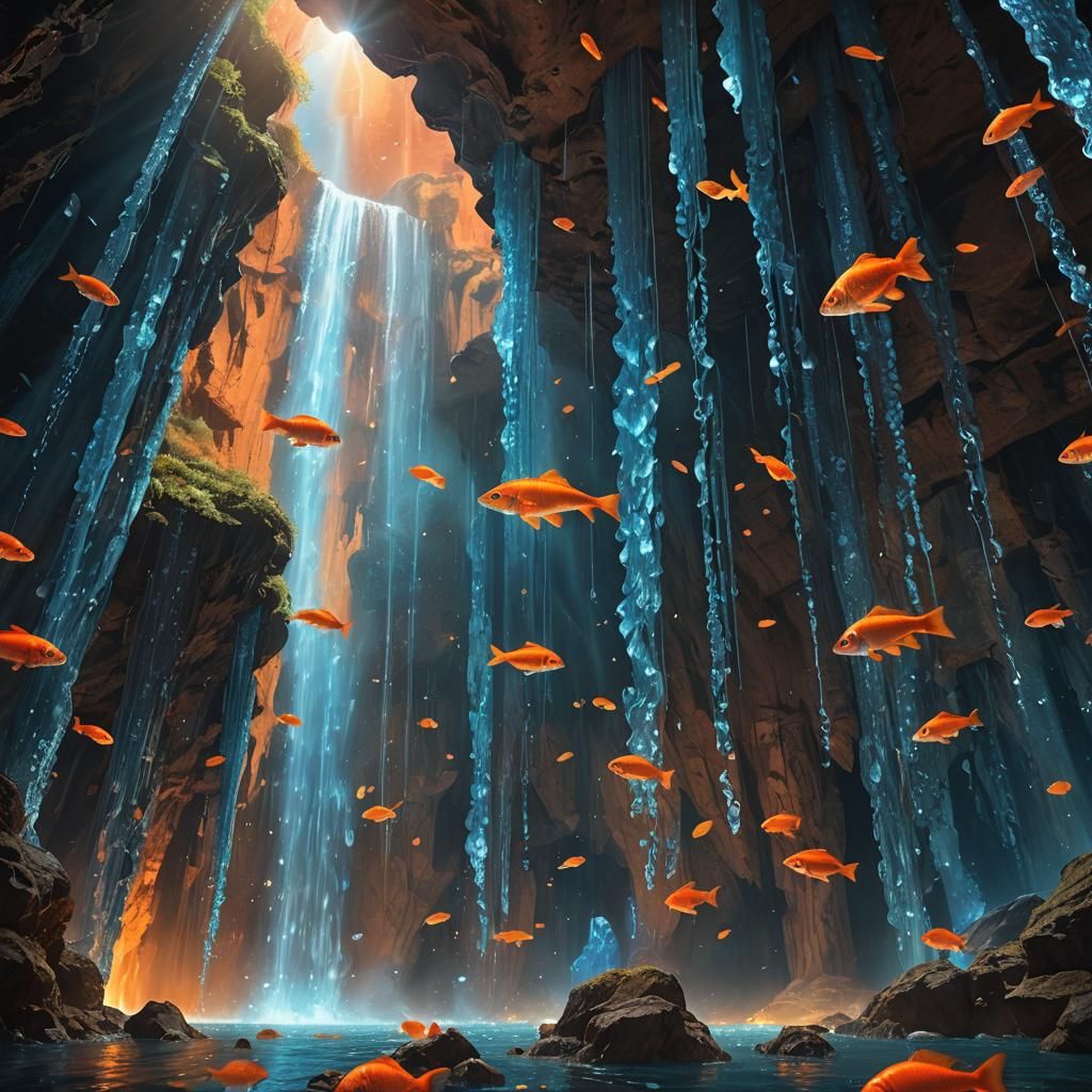Inverted Cave: Water and Fish Defying Gravity