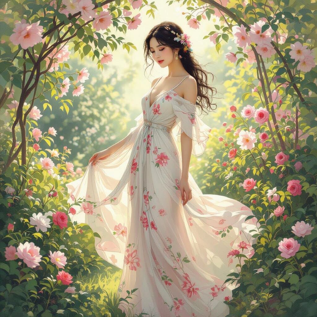 Ethereal Asian Woman in Floral Dress, Painterly Style