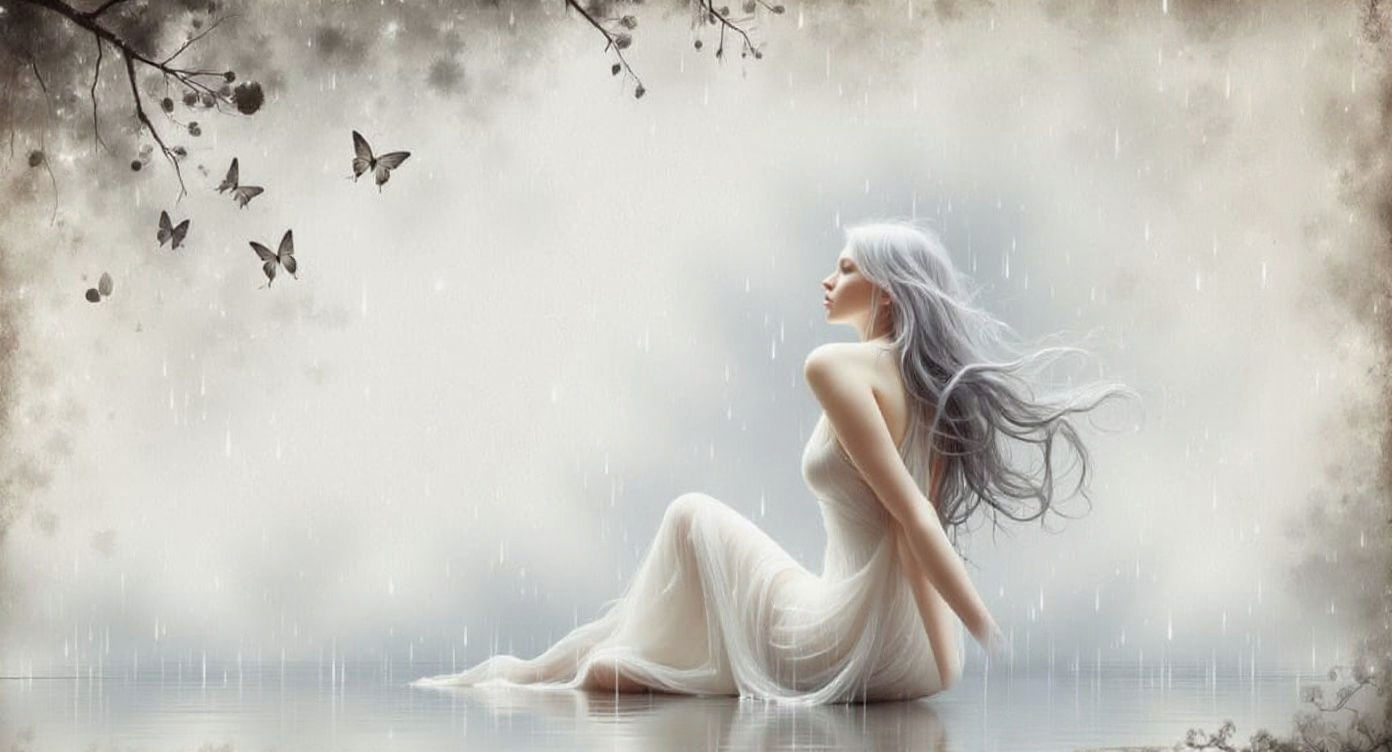 Woman in Rain Silhouette with Memento Mori Text