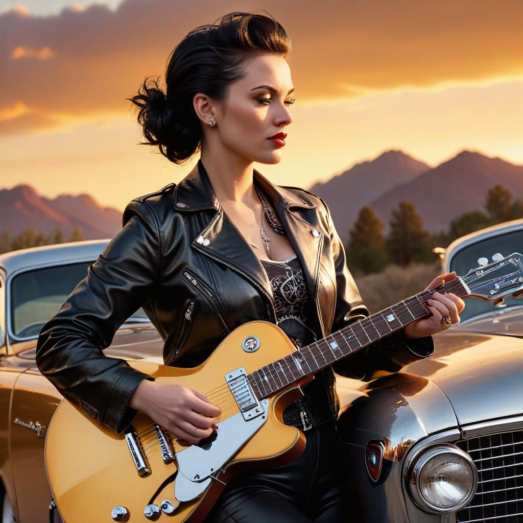 Rockabilly Woman Playing Guitar on Classic Car