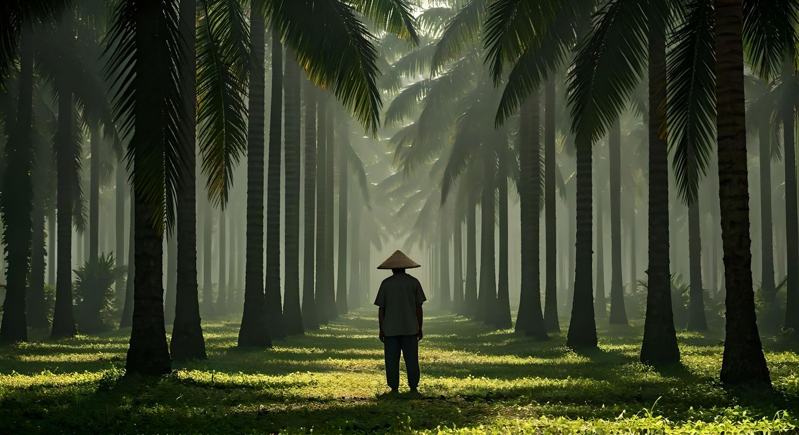 Vietnamese Farmer Silhouette in Misty Palm Grove