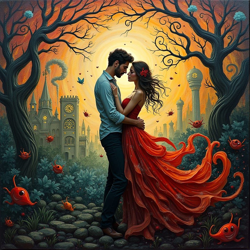Ethereal Love Dance in Vibrant, Dreamlike Landscape