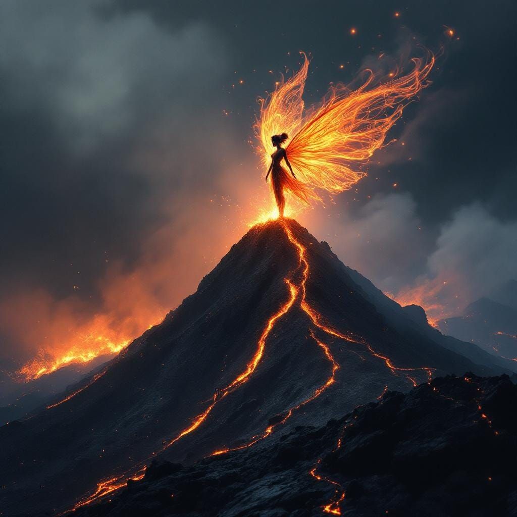 Fiery Fairy on Volcano in Cinematic Style