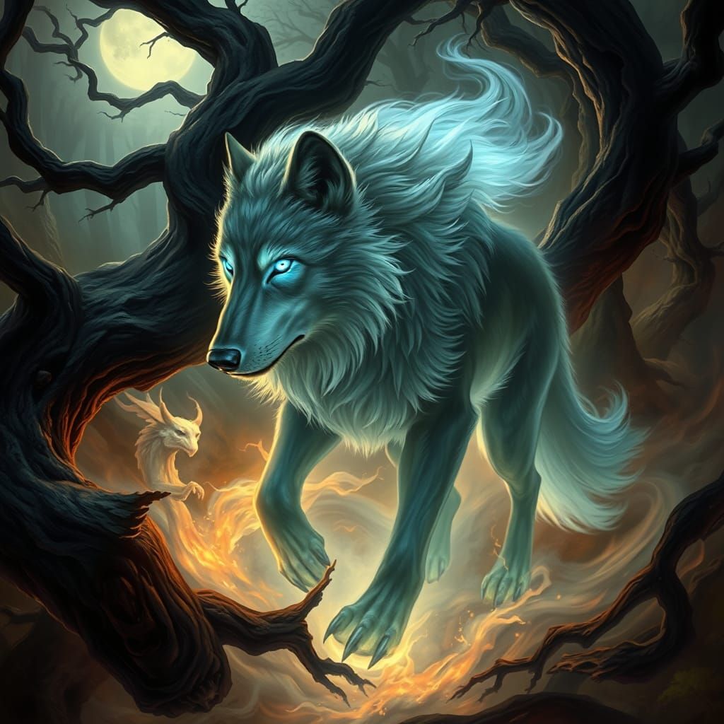 Spectral Wolf Emerges from Haunted Forest in Dark Fantasy St...