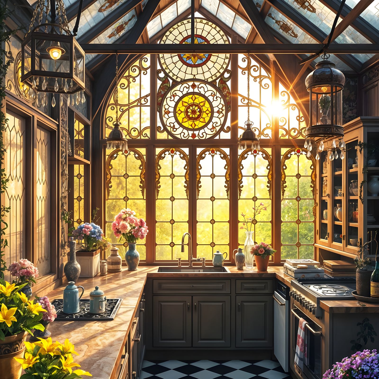 Glasshouse Kitchen with Enchanted Stained-Glass Windows