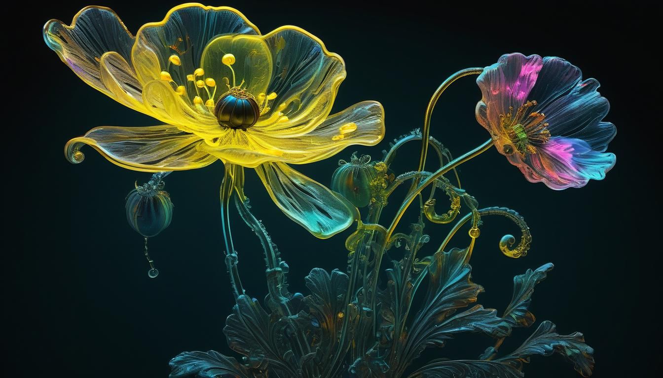 Firefly on Bioluminescent Poppy in Digital Painting