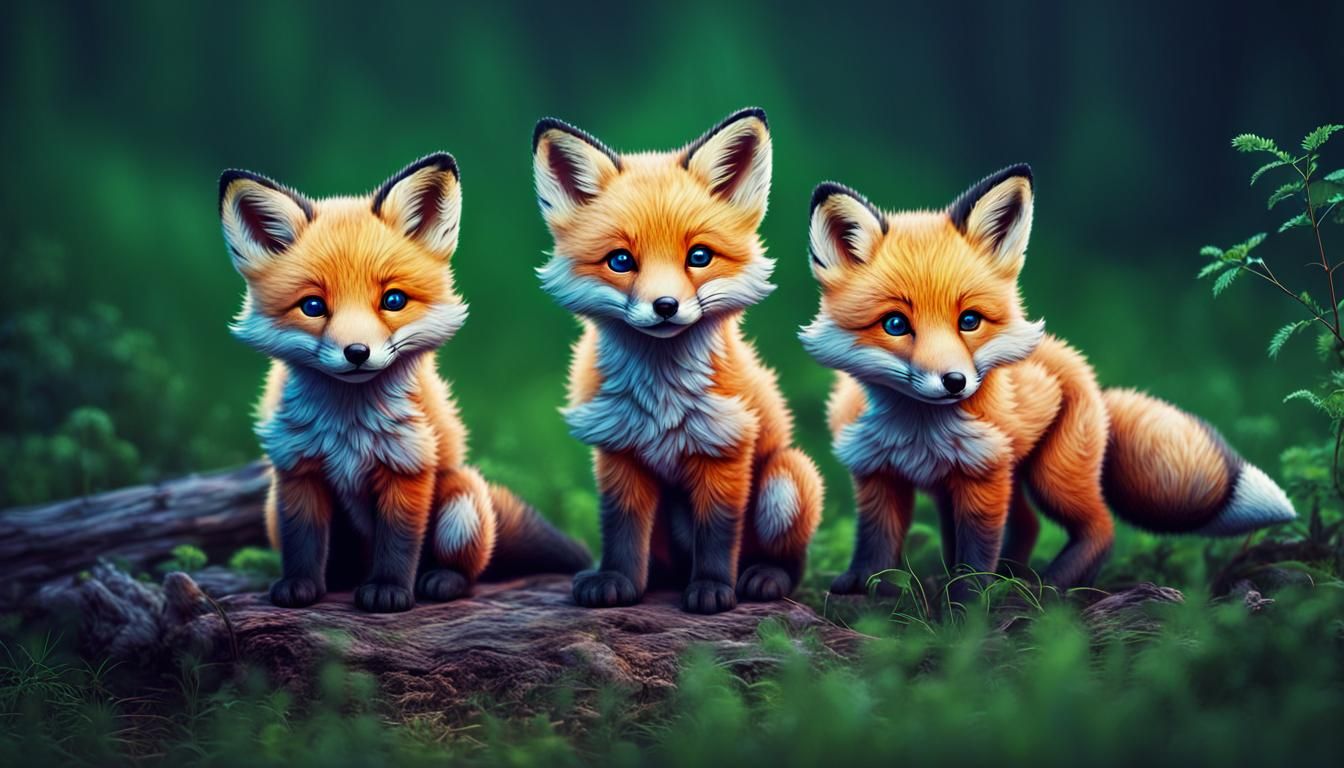 Kawaii Fox Cubs in Forest Clearing at Dusk