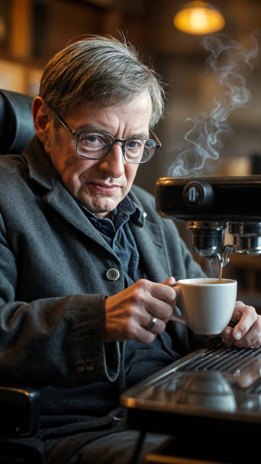 Stephen Hawking Prepares Coffee: Professional Portrait