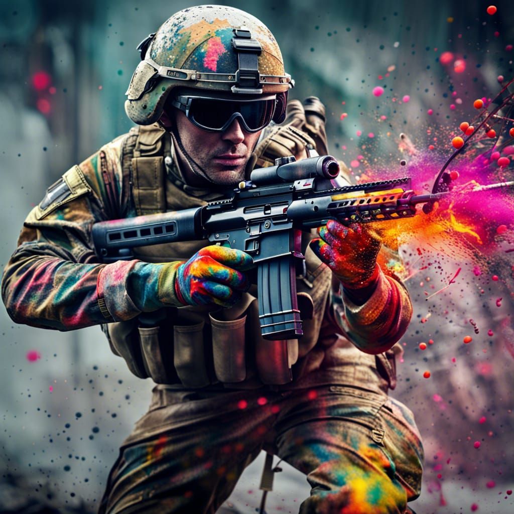 Modern Soldier in War with Colorful Accents