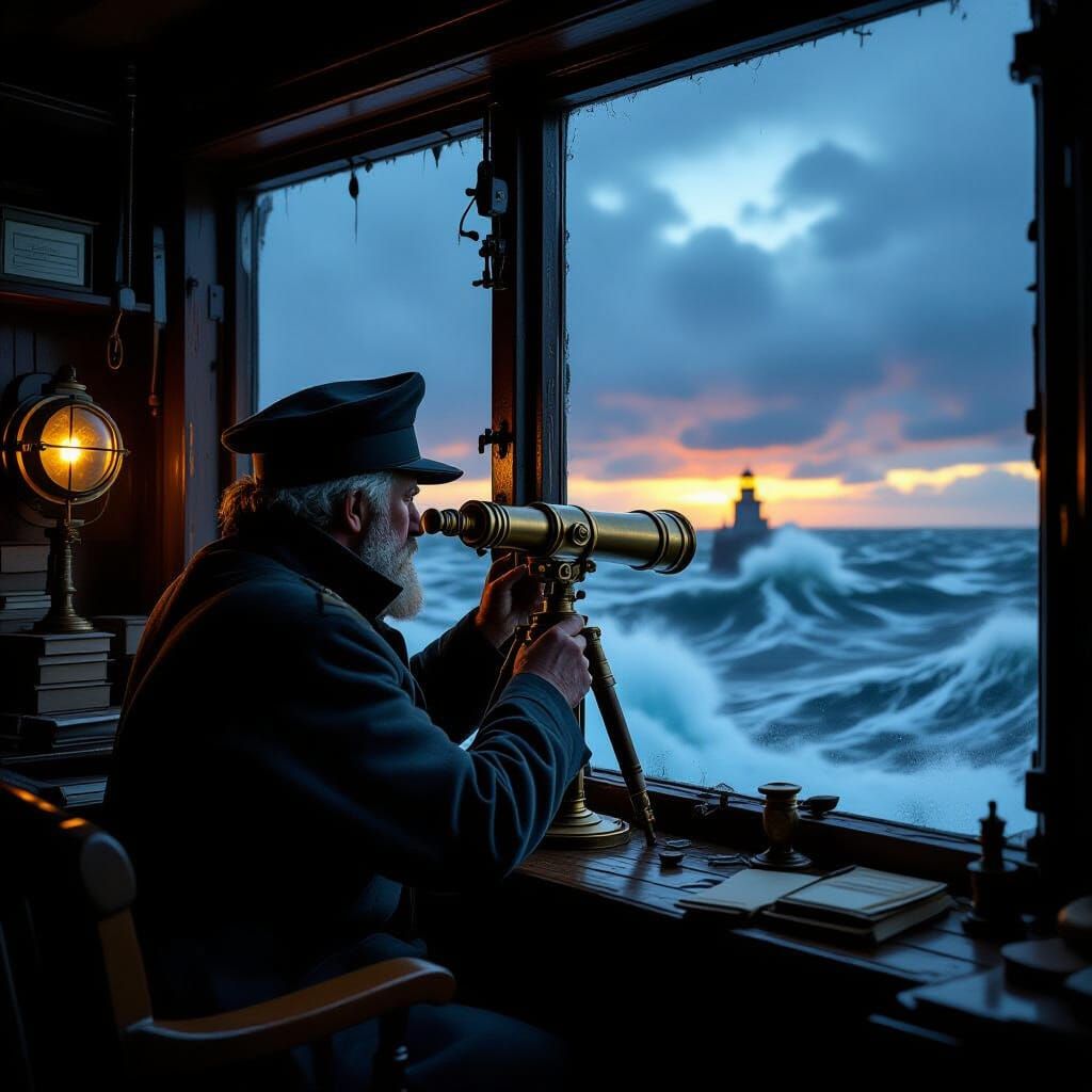 Steampunk Lighthouse Keeper Polishing Telescope in Stormy Se...