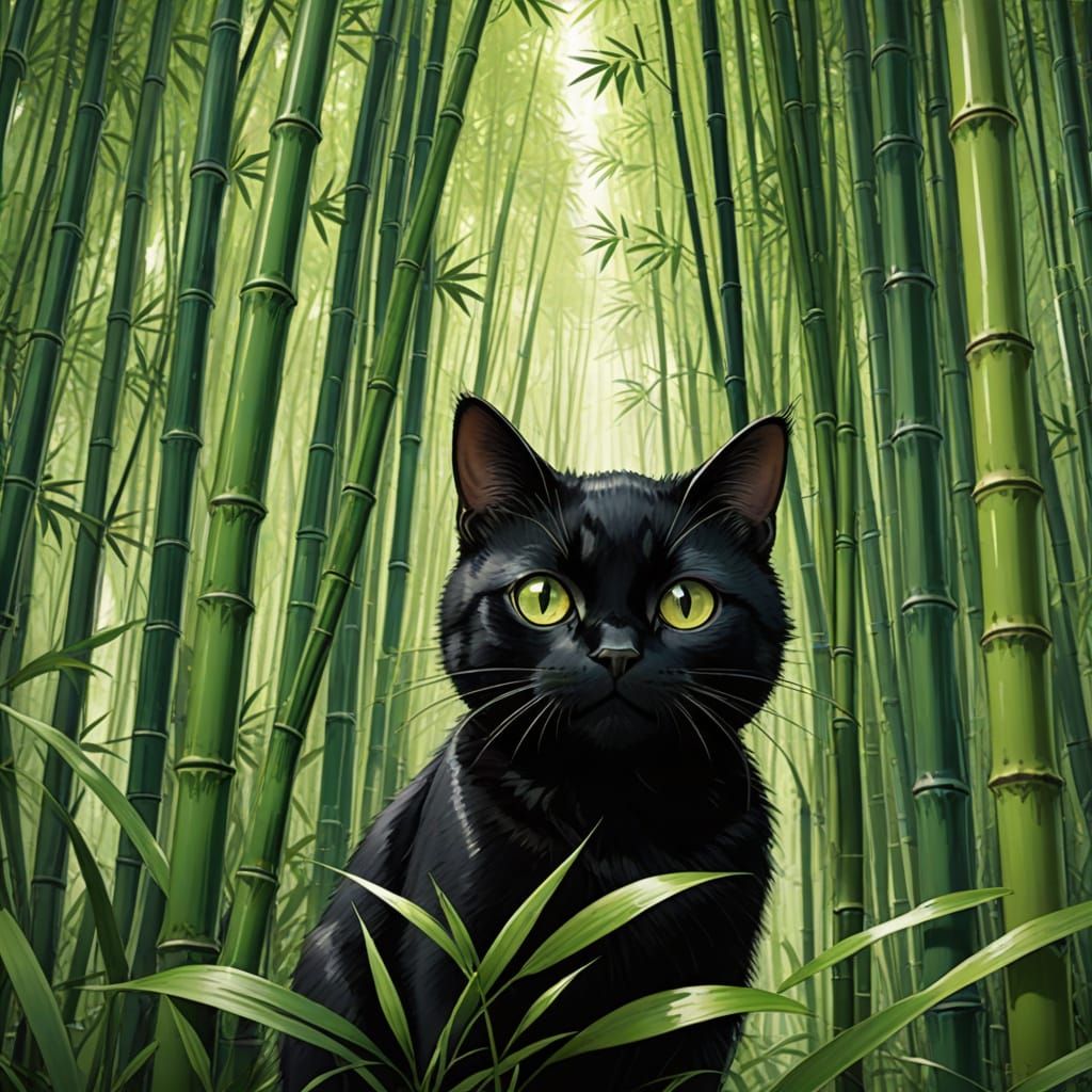A small black cat hiding in a giant bamboo forest