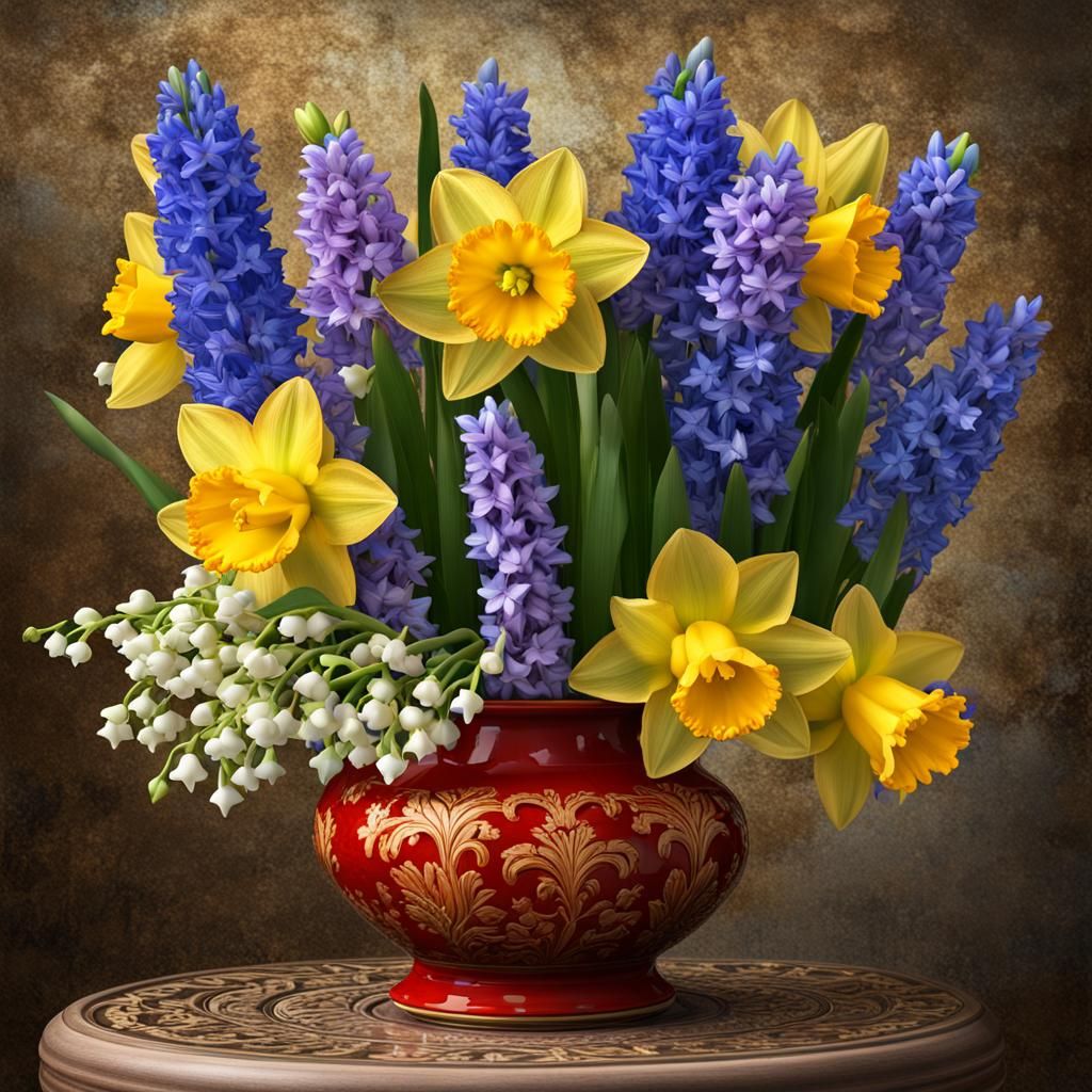Daffodils and Hyacinths in Porcelain Vase: Hyperrealistic Ar...