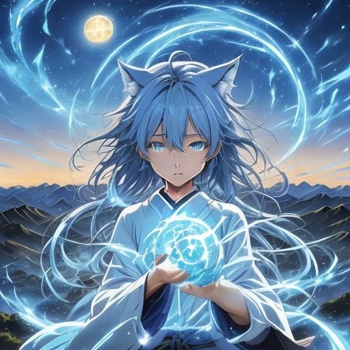 Anime Wolves Under Blue Moon: Dreamy Nightscape