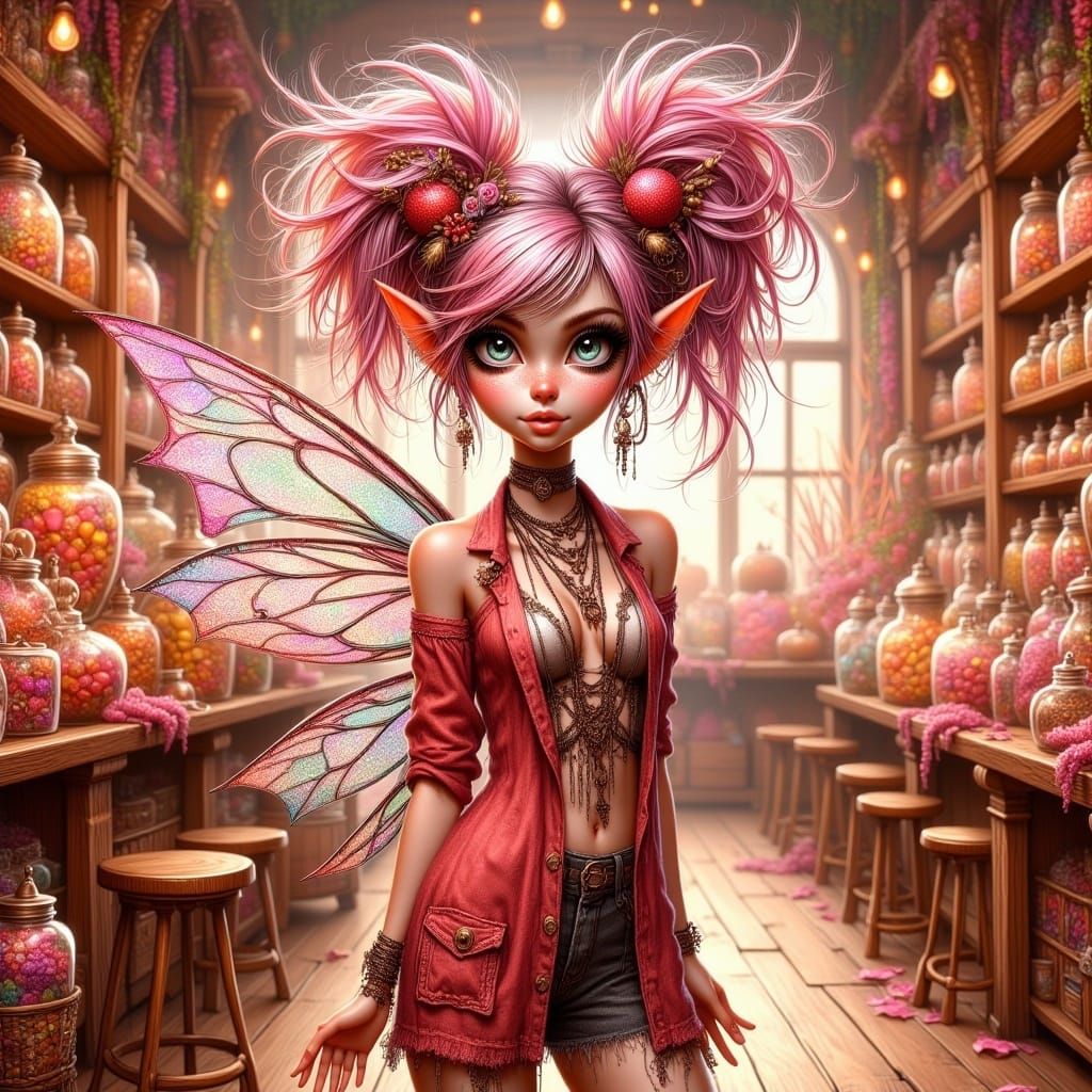 Peppermint Fairy Punk in Candy Store, Hyper-Realistic Art