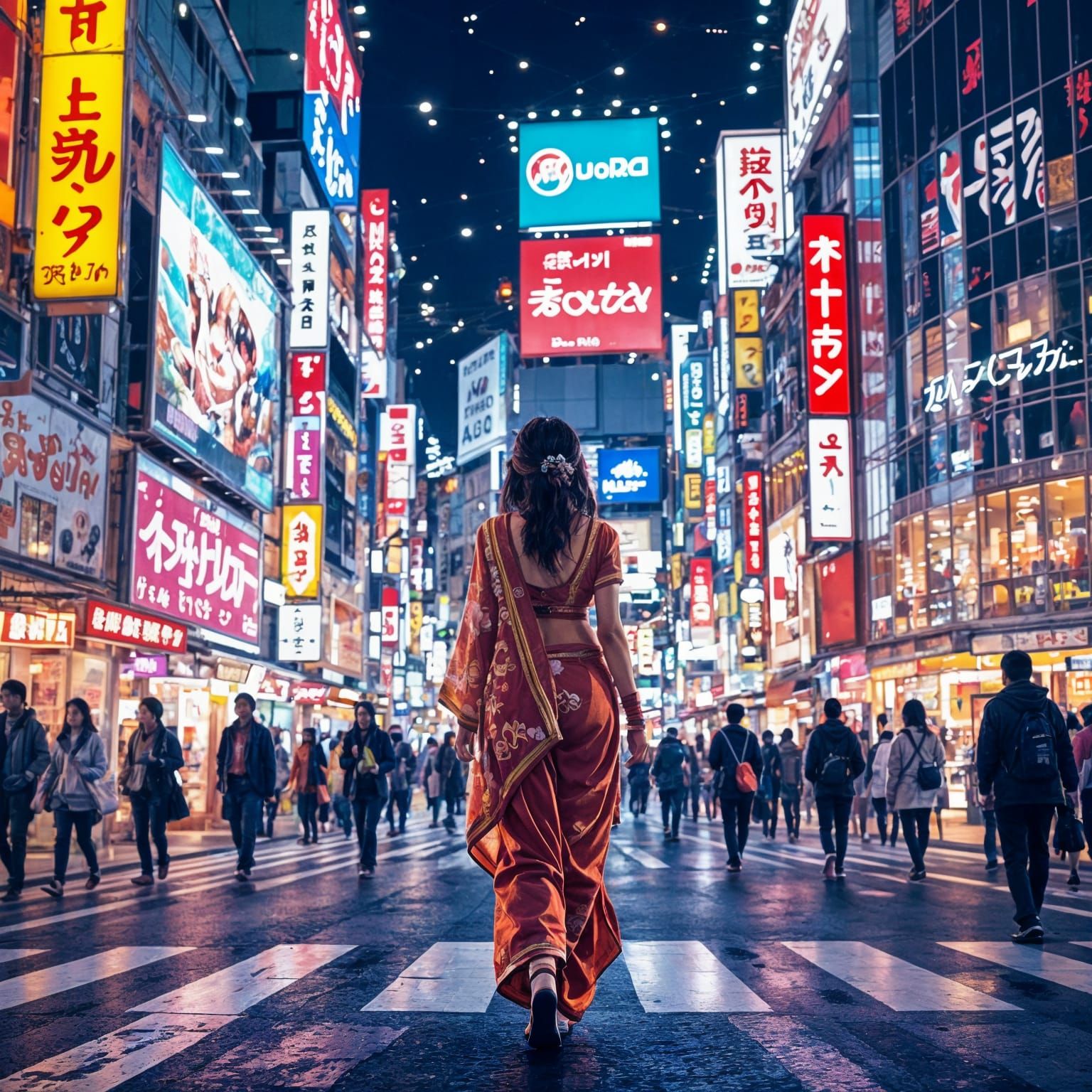 Indian Girl Walks Busy Tokyo Street