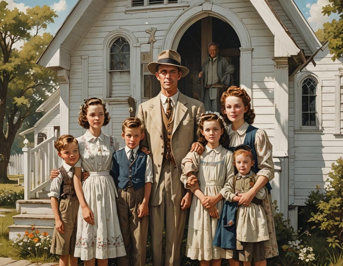 American Family at Church, 1940s Vintage Style