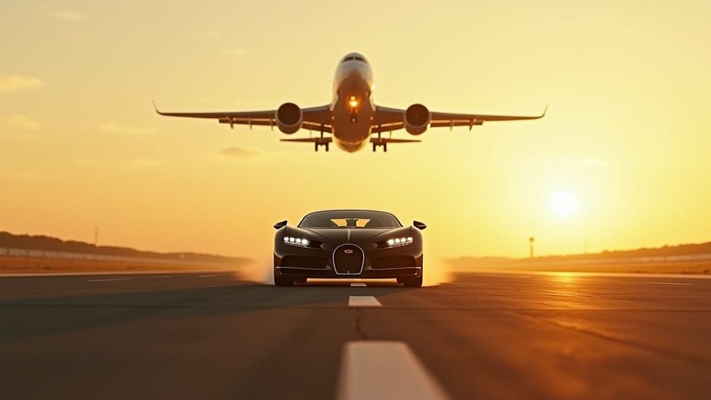 Bugatti Races Airplane on Runway in Golden Light