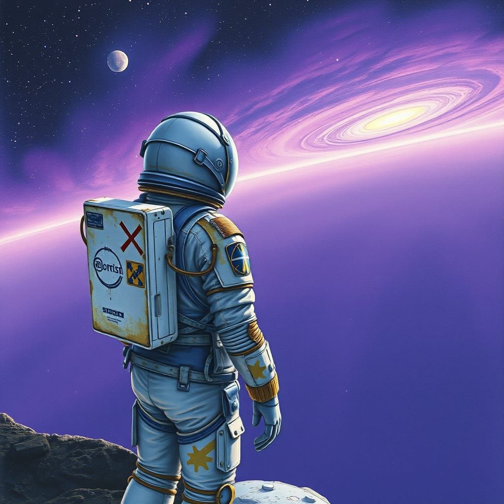 Astronaut at the Cosmic Horizon in a Dreamlike, Retro-Futuri...