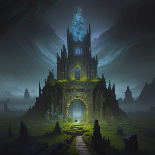 Ancient Floating Island Library with Spectral Scholars