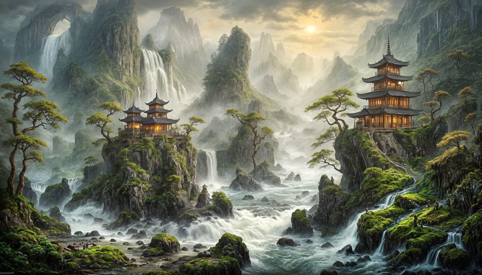Misty Coastal Bay with Zen Temple