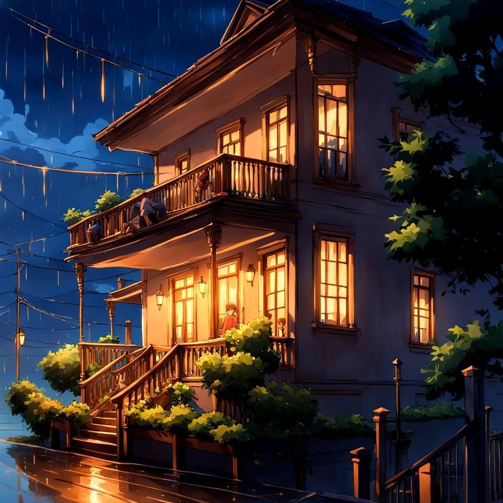 European House Balcony at Night in Anime Style