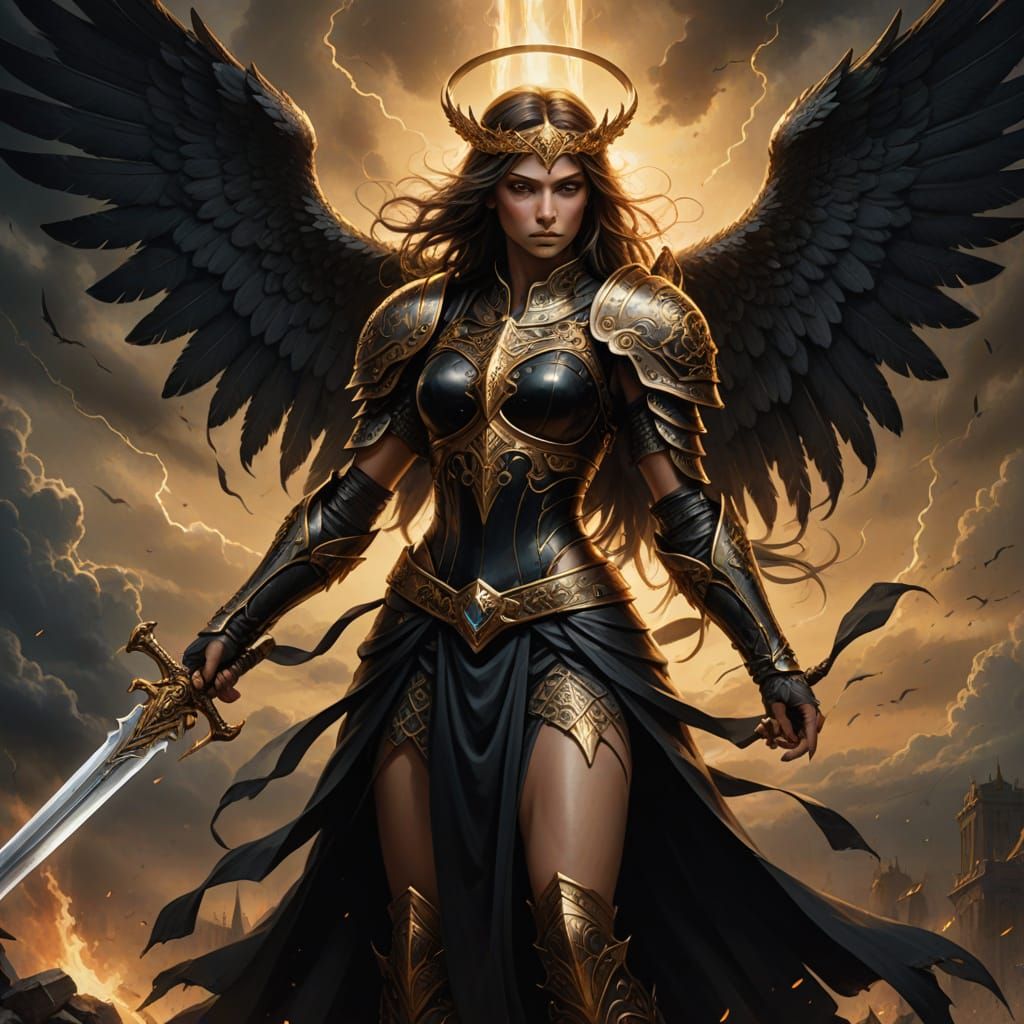 Majestic Female Guardian Angel of War in Golden Armor