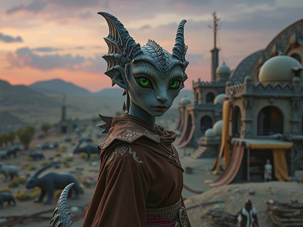 Dragon Woman in Alien City, Digital Art