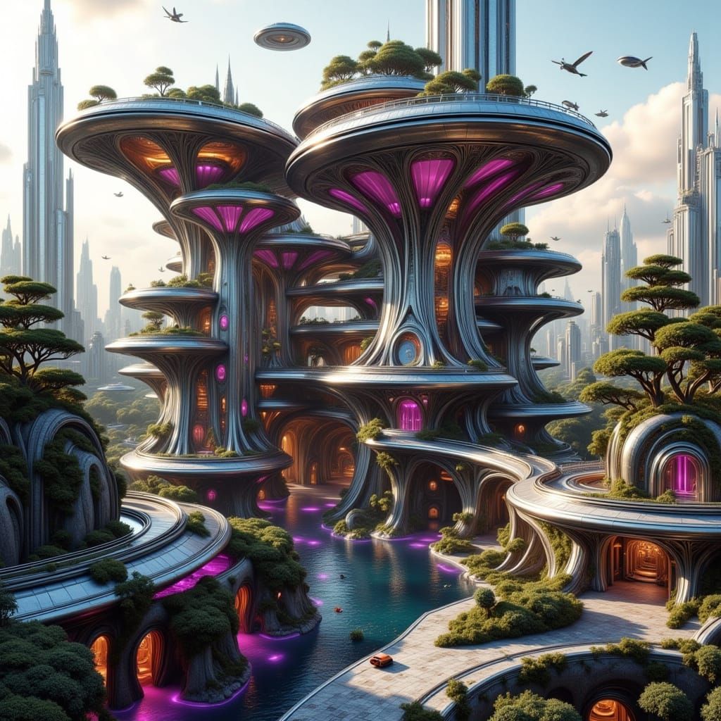 Surreal Futuristic Flower-Shaped Architecture in Harmony wit...
