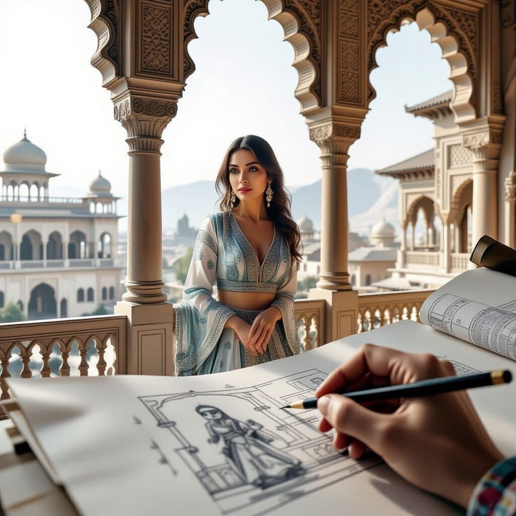 Pencil Sketching a Woman at Middle Eastern Palace