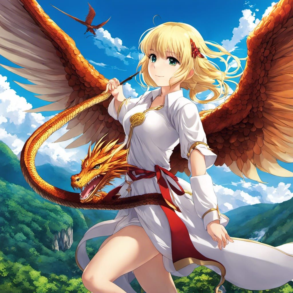 Anime Angel Girl Flying Dragon Illustration