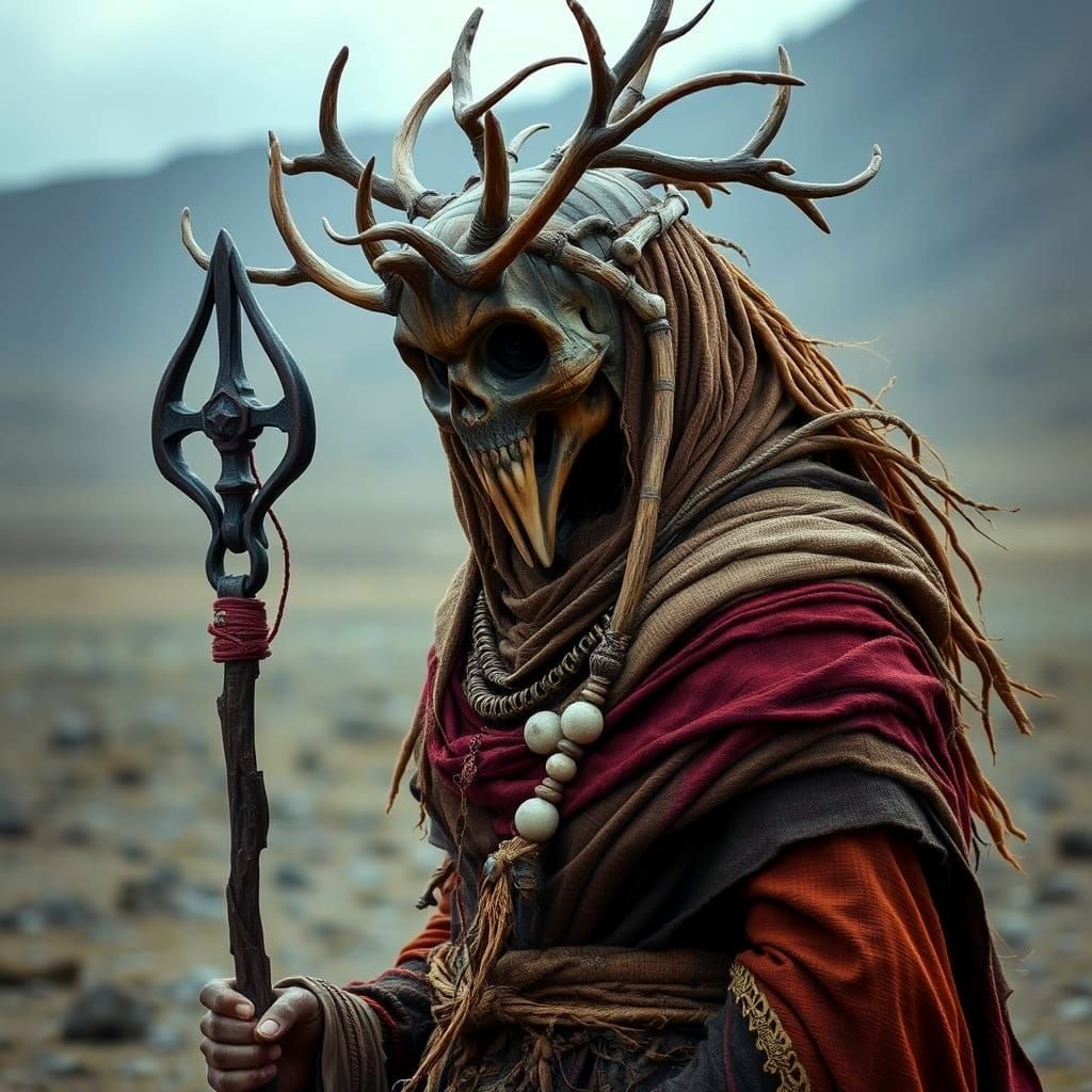 Dark Fantasy Shaman with Antlers and Mask
