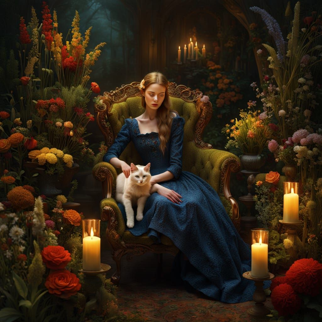 Model and Cat in Floral Chair, Metaverse Style