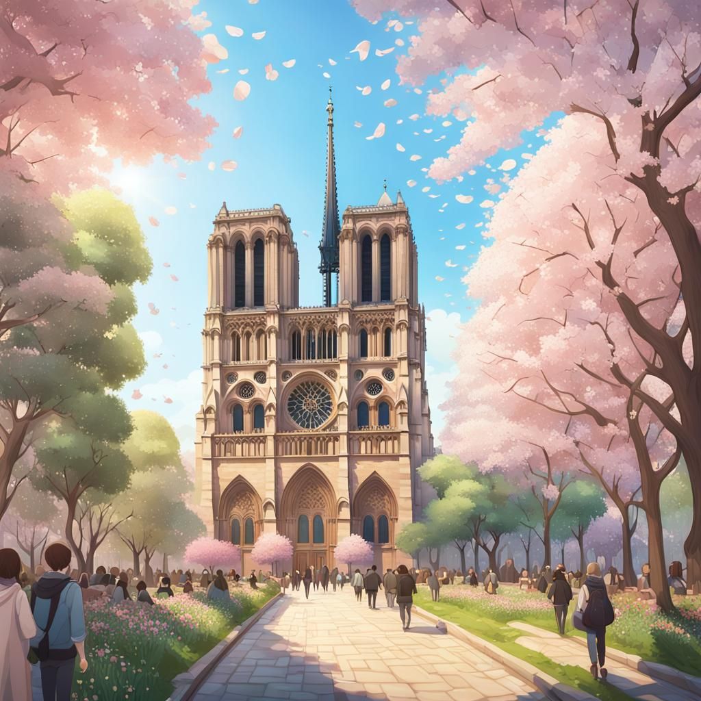Notre Dame Cathedral in Spring: Whimsical 3D Anime Art