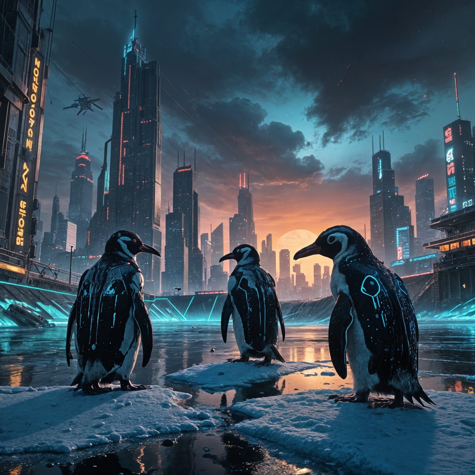 Cyborg Penguins Roll Bowling Balls on Neon-Frosted Lake
