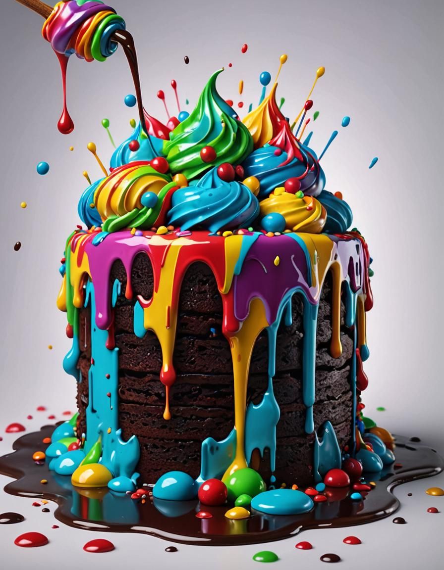 Psychedelic Drippy Cake in Hyperrealistic Splash Art