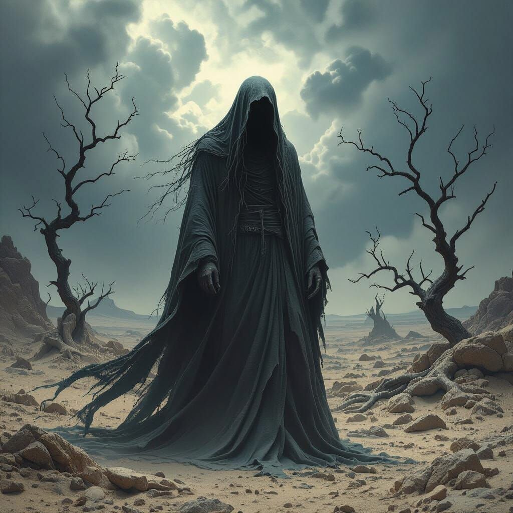 Ethereal Spectral Figure in Desolate Landscape