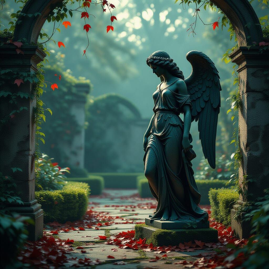 Weathered Angel Statue in Overgrown Garden