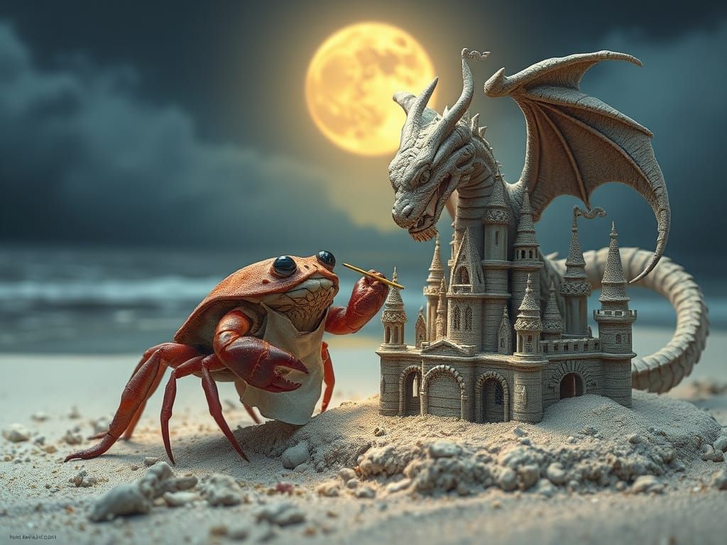 Crab Sculpting Sandcastle with Dragon on Moonlit Beach